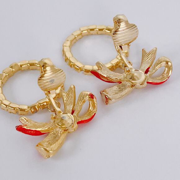Vintage Christmas Clip On Rhinestone Wreath Earrings Red Bow Gold Tone Sparkling - Picture 7 of 13